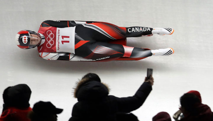 Alex Gough of Canada competes in her first run during the women's luge competition at the 2018 Winter Olympics in Pyeongchang, South Korea, Monday, Feb. 12, 2018. 