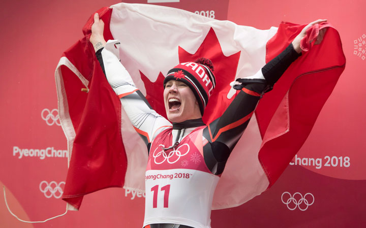 Canadian luger Alex Gough, of Calgary celebrates winning a bronze medal in women's luge at the Olympic Siding Centre at he Pyeongchang 2018 Winter Olympic Games in South Korea, Tuesday, Feb. 13, 2018. 