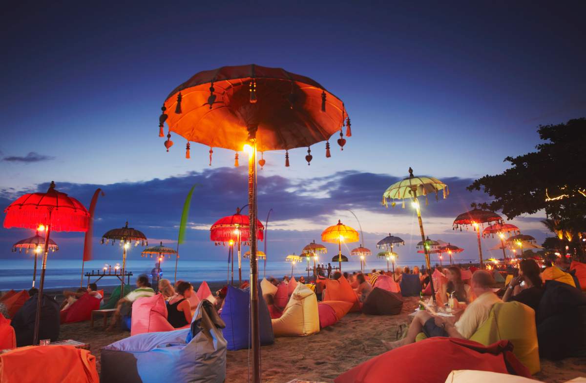 The Champlung cafe on Legian beach at sunset in Bali, Indonesia.