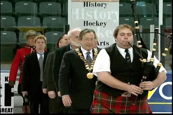 Local dignitaries march towards centre ice at the Rogers K-Rock Centre for a ceremonial ribbon cutting on February 22nd of 2008.