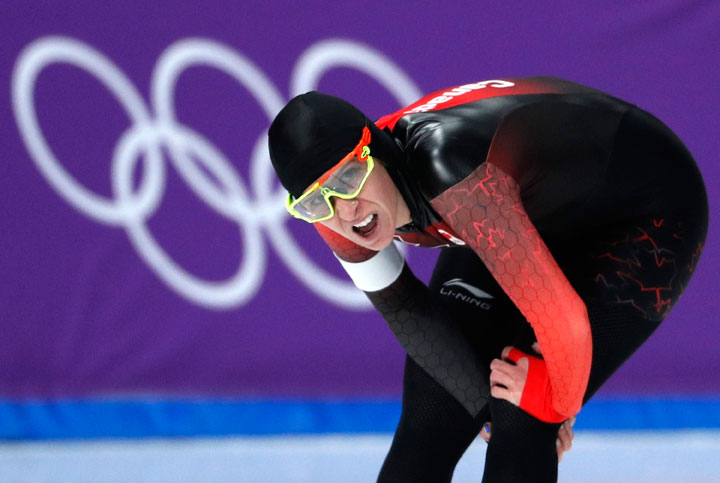 Ivanie Blondin of Canada catches her breath after the women’s 5,000 meters speedskating race at the Gangneung Oval at the 2018 Winter Olympics in Gangneung, South Korea, Friday, Feb. 16, 2018.