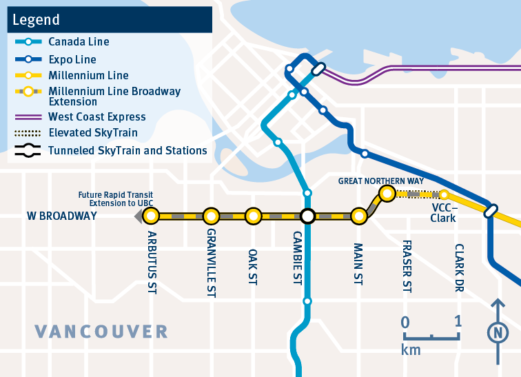 A map showing the proposed Broadway SkyTrain extension.