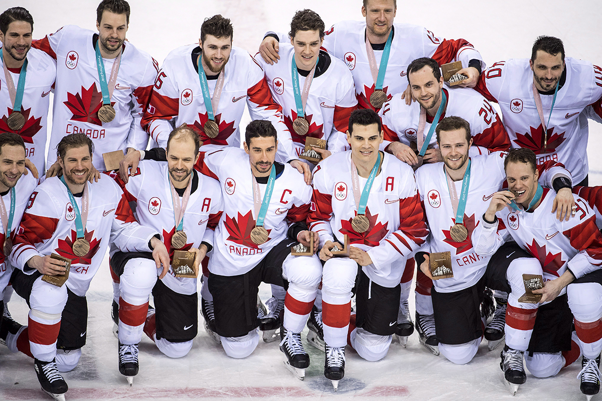 Canadians celebrate their win following third period men’s hockey bronze medal game action against Czech Republic at the 2018 Olympic Winter Games, in Pyeongchang, South Korea, on Saturday, February 24, 2018.