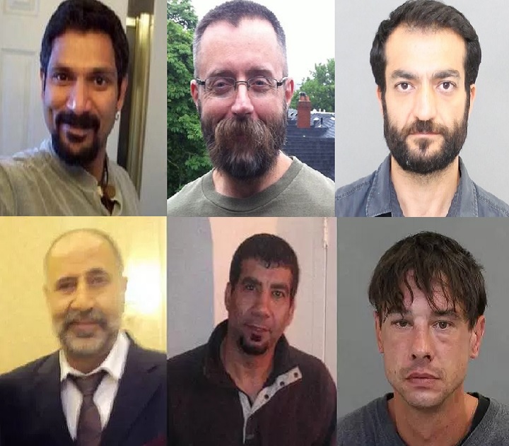 Skandaraj Navaratnam, 40, (top left), Andrew Kinsman, 49, (top centre), Selim Esen, 44, (top right), Majeed Kayhan, 58, (bottom left), Soroush Mahmudi, 50, (bottom centre), and Dean Lisowick, 43 or 44, (bottom right).