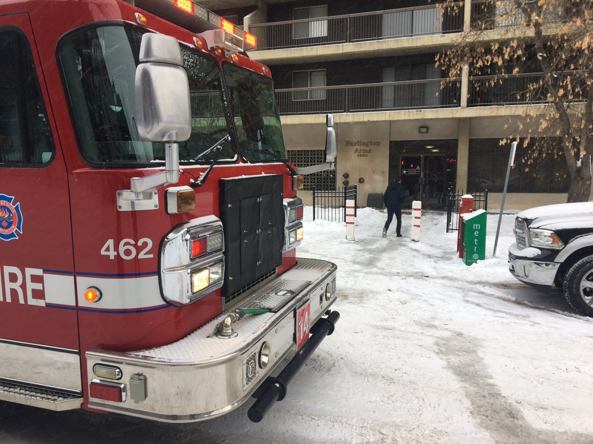 A man died after a fire broke out at the Burlington Arms apartment building at 12841 65th Street NW in northeast Edmonton, Alta., on Feb. 2, 2018.