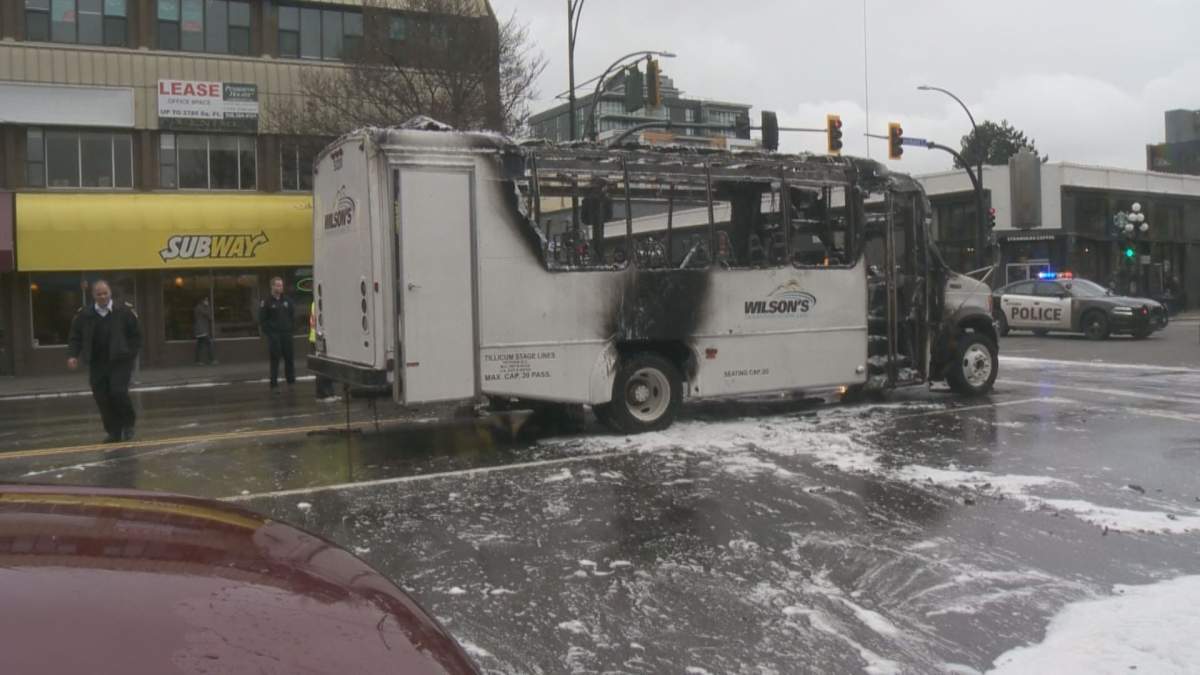Bus fire in downtown Victoria Wednesday morning. Credit: Global News