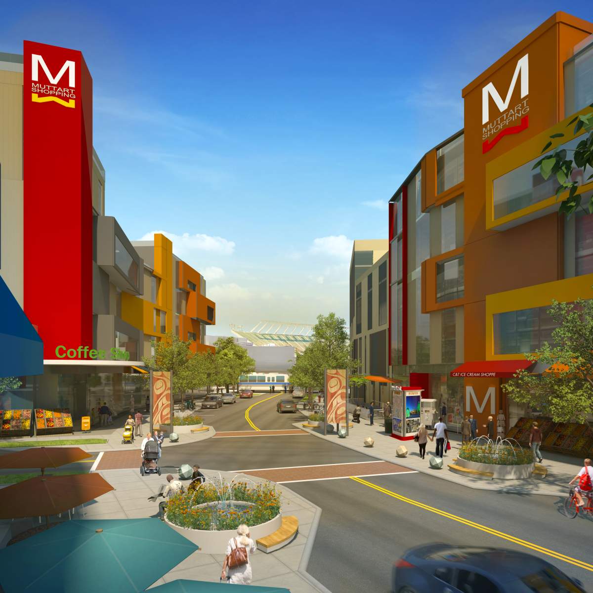 Renderings from the City of Edmonton of what the development on the Muttart Lands, south of the Stadium LRT Station between the LRT corridor and 84 Street, could look like. 
