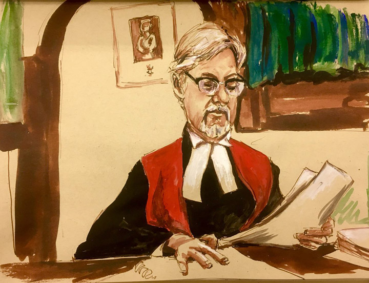 Chief Justice Martel Popescul during the trial of Gerald Stanley in this courtroom sketch in North Battleford, Sask., on Friday, Feb. 2, 2018.