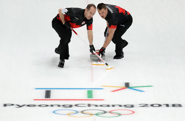 Canada's Brent Laing, left, and Ben Herbert sweep ice during their men's curling match against Britain at the 2018 Winter Olympics in Gangneung, South Korea, Wednesday, Feb. 14, 2018.