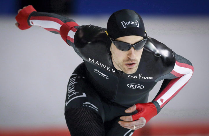 Denny Morrison, of British Columbia, skates during the men's 5000-metre race at the Speed Skating selections trials in Calgary, Alta., Thursday, Jan. 4, 2018.