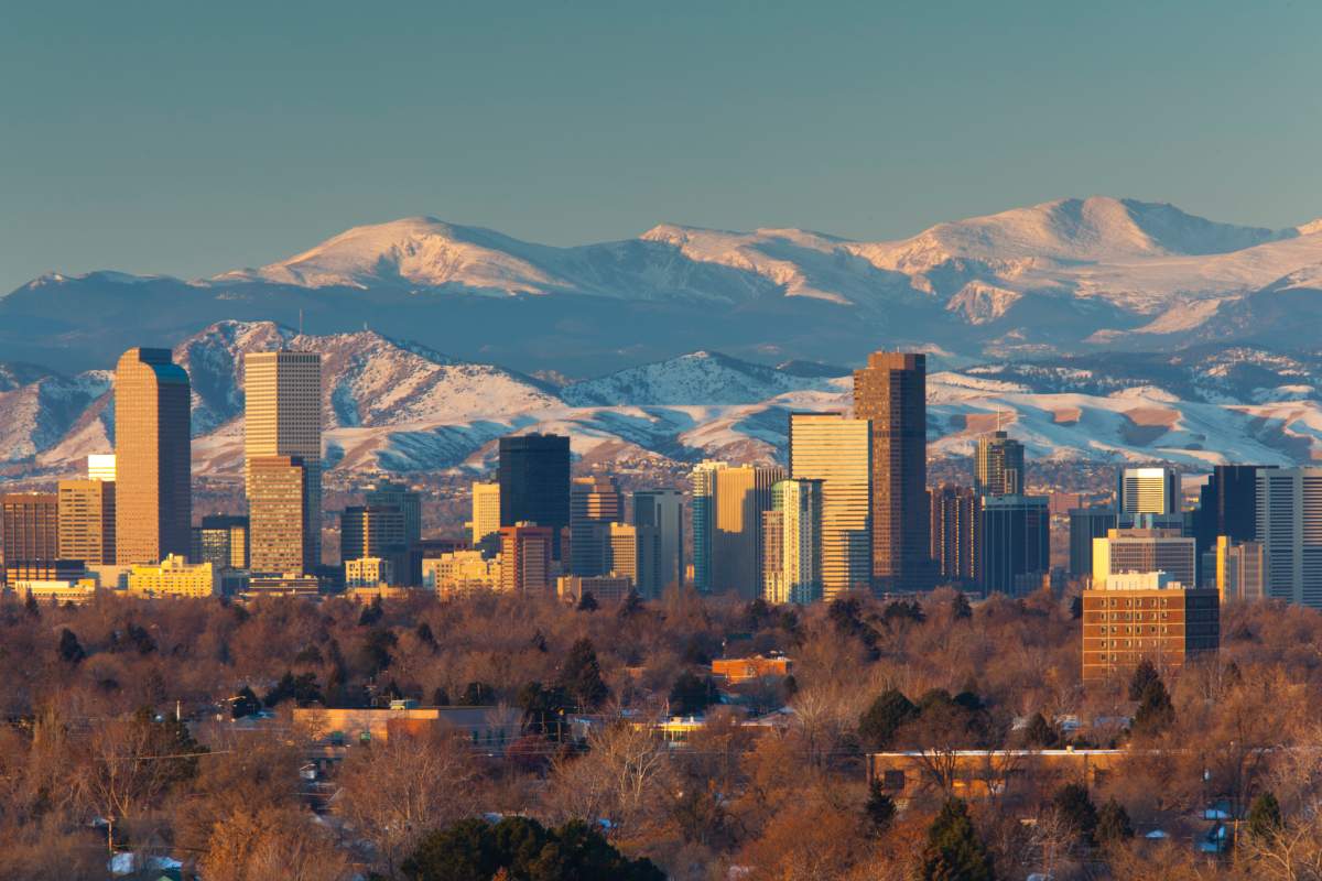 Denver skyline and view of Rocky Mountains from the east.