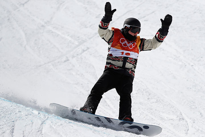 Canada’s Derek Livingston reacts after his first run of the men’s halfpipe qualification round at the – Phoenix Snow Park in Pyeongchang, South Korea on Feb. 13, 2018.
