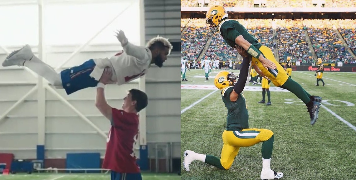 (Left) New York Giants quarterback Eli Manning and wide receiver Odell Beckham Jr. reenacting the iconic lift from Dirty Dancing for an NFL commercial, and (right) Edmonton Eskimos quarterbacks James Franklin and Danny O'Brien doing the same thing. 
