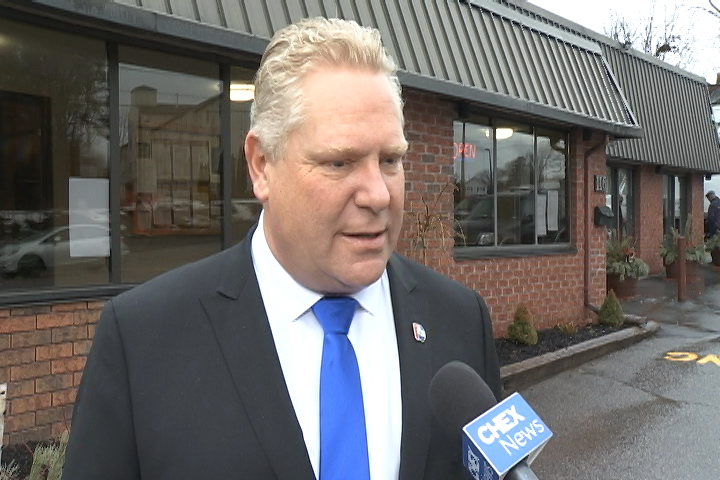 Doug Ford talks to reporters after his meet and greet in Peterborough on Wednesday morning.