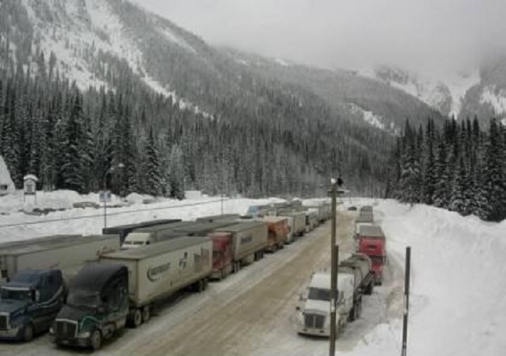 The DriveBC camera at Rogers Pass showed a backlog of vehicles at 2:20 p.m. Thursday. Trucks were lined up bumper to bumper on highway.