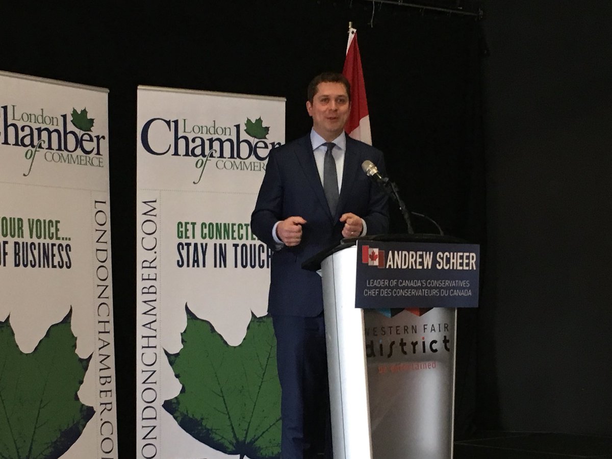 Conservative Leader Andrew Scheer addresses business leaders at a London Chamber of Commerce on Feb. 21 at the London Convention Centre.