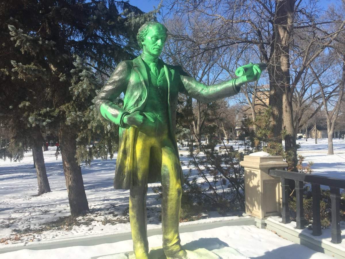 A statue of Canada’s first Prime Minister in Victoria Park was vandalized overnight. 
