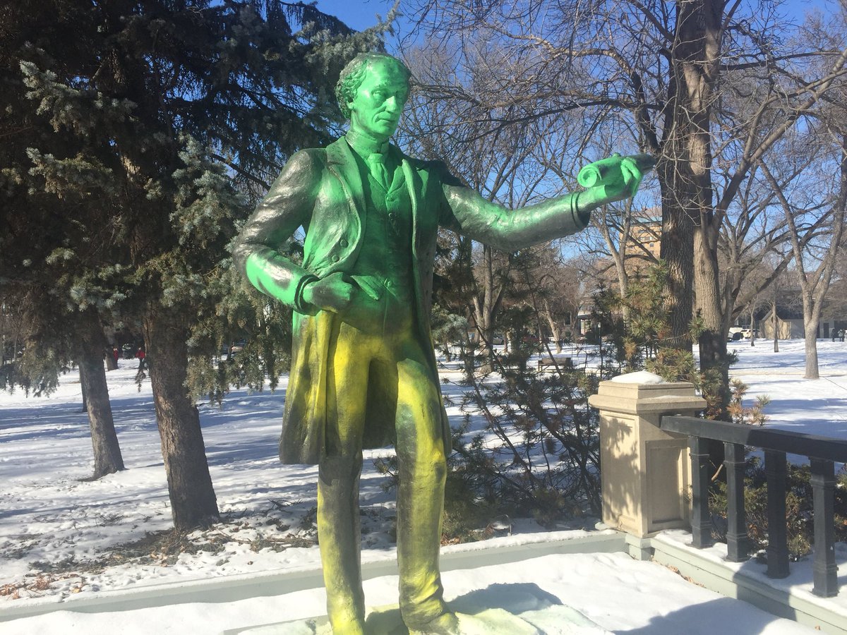 A statue of Canada’s first Prime Minister in Victoria Park was vandalized overnight. 

