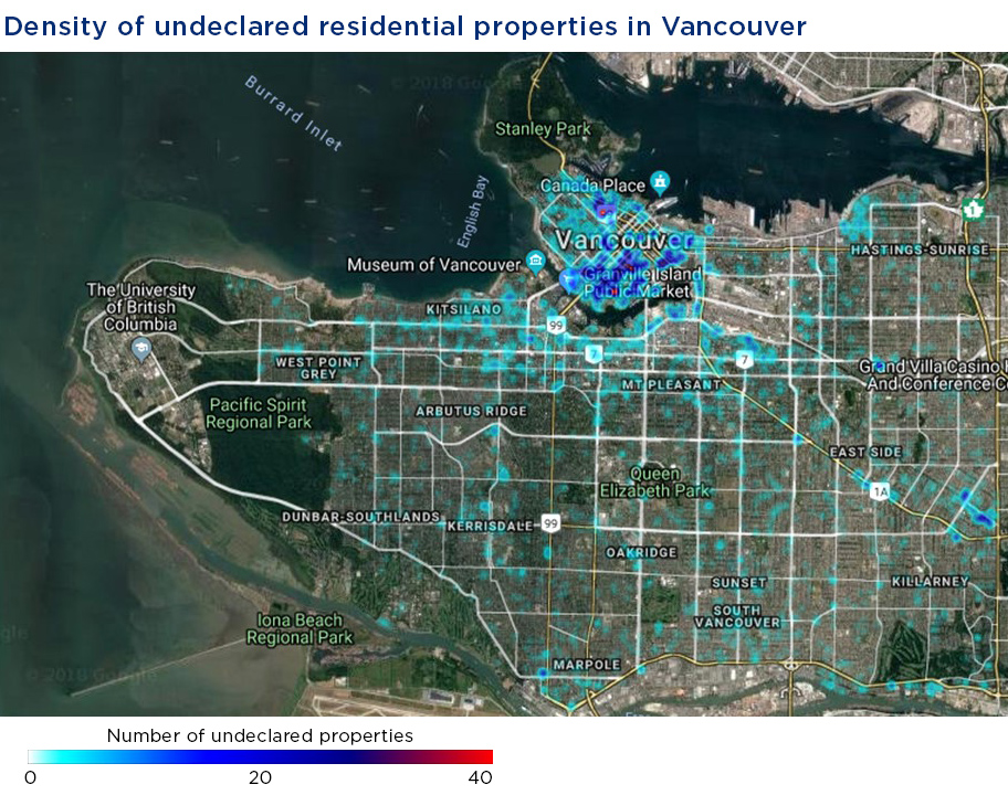 A map showing the concentration of Vancouver property owners who haven't made their empty homes declarations.