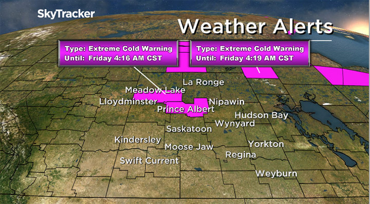 Prince Albert, Meadow Lake regions, far north under an extreme cold warning.