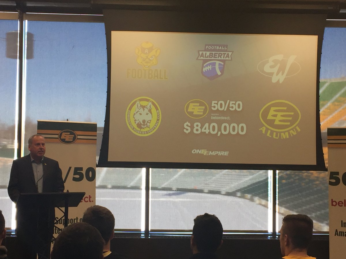 Edmonton Eskimos president Len Rhodes announces where $840,000 in 50/50 money was going on Feb. 15, 2018.