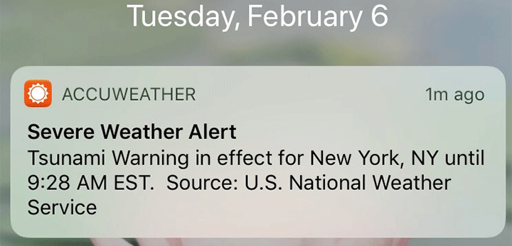 The U.S. National Weather Service (NWS) conducted a test around 8:30 a.m. ET resulting in many residents receiving an alert on their mobile phones via a push notification through weather apps.