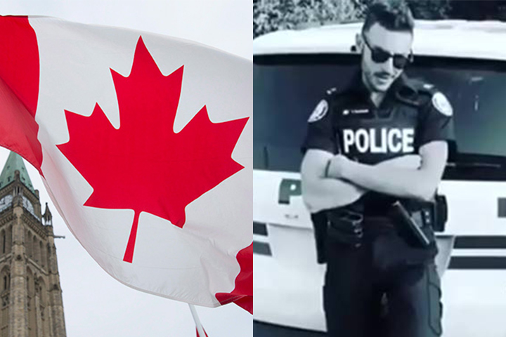 A Canadian flag and a Toronto police officer.