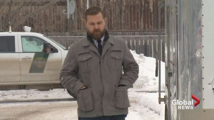 Alberta MLA Derek Fildebrandt leaves provincial court in Didsbury, Alta. Friday, Feb. 2, 2018 after pleading guilty to a charge related to an illegal deer hunt in November 2017.