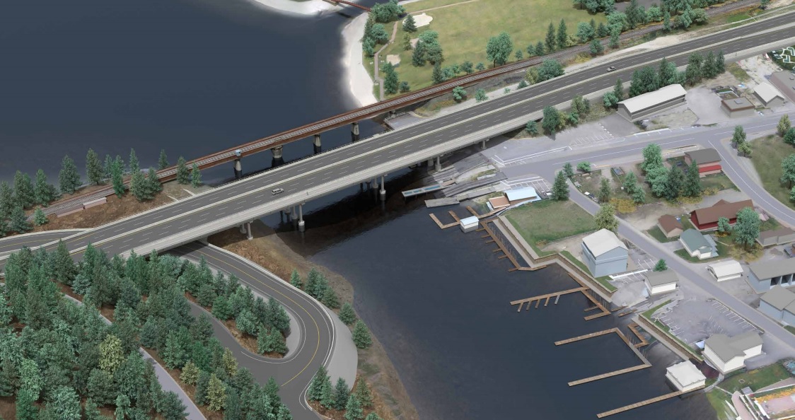 An artist rendering of one option to replace Sicamous' Bruhn Bridge. This option would see the existing bridge replaced with a five-lane bridge. 
