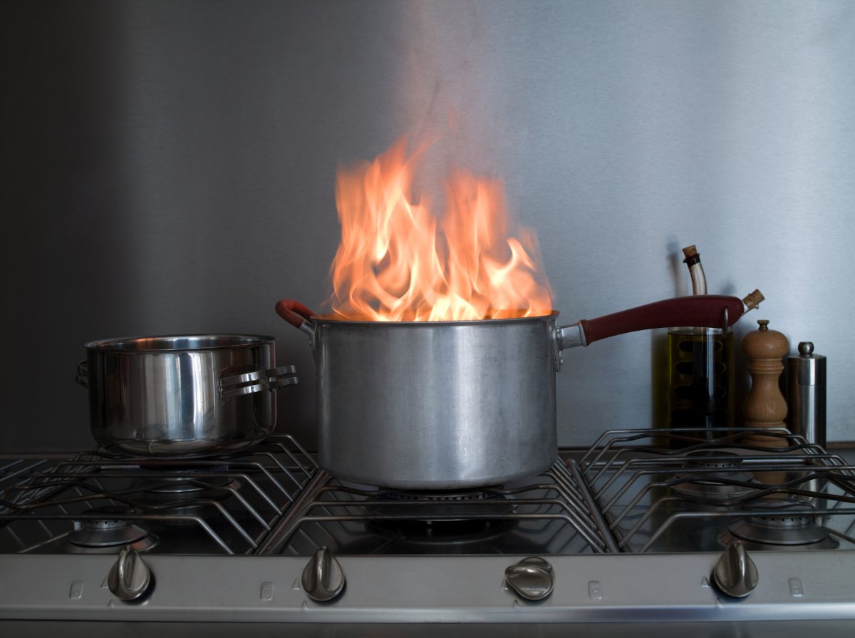 A saucepan on fire.