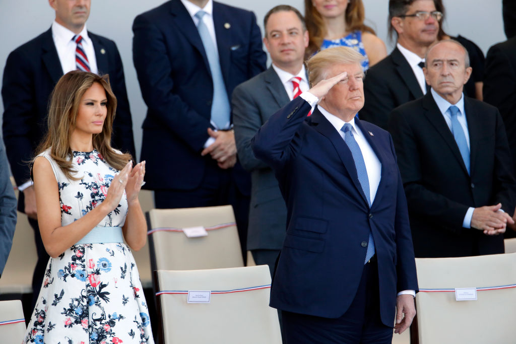 U.S President Donald Trump and his wife Melania Trump attend the traditional Bastille day military parade on the Champs-Elysees on July 14, 2017 in Paris France. Bastille Day, the French National day commemorates this year the 100th anniversary of the entry of the United States of America into World War I. 