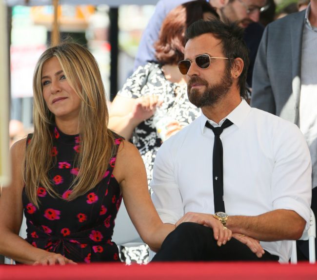Jennifer Aniston and Justin Theroux attend the ceremony honouring Jason Bateman with Star On The Hollywood Walk Of Fame on July 25, 2017 in Hollywood, California.