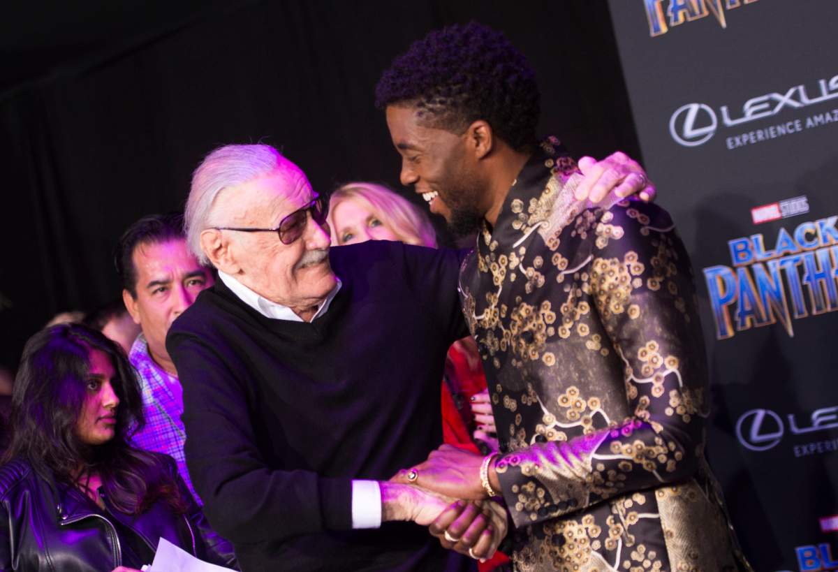 Comic book writer Stan Lee (L) and actor Chadwick Boseman attend the world premiere of Marvel Studios Black Panther, on Jan. 29, 2018, in Hollywood, California.
