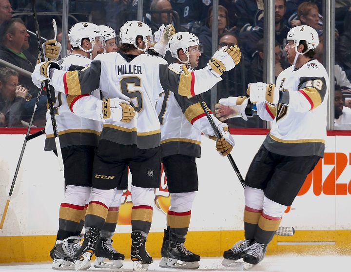 James Neal of the Vegas Golden Knights joins teammates to celebrate a second period goal against the Winnipeg Jets at Bell MTS Place on Feb. 1, 2018 in Winnipeg.