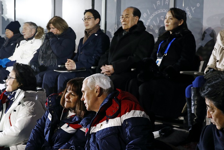 Vice-President Mike Pence, bottom right, speaks with second lady Karen Pence at the opening ceremony of the 2018 Winter Olympics. Behind Pence are Kim Yong Nam, second from top right, president of the Presidium of North Korean Parliament, and Kim Yo Jong, sister of North Korean leader Kim Jong Un.