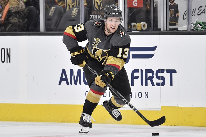 Brendan Leipsic skates with the puck in a game between the Vegas Golden Knights and Chicago Blackhawks at T-Mobile Arena on Feb. 13, 2018 in Las Vegas.