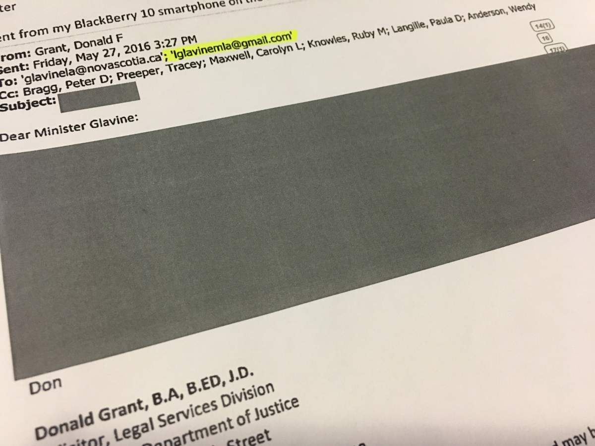 An email sent to then-health minister Leo Glavine’s private email account was fully redacted before being publicly released.