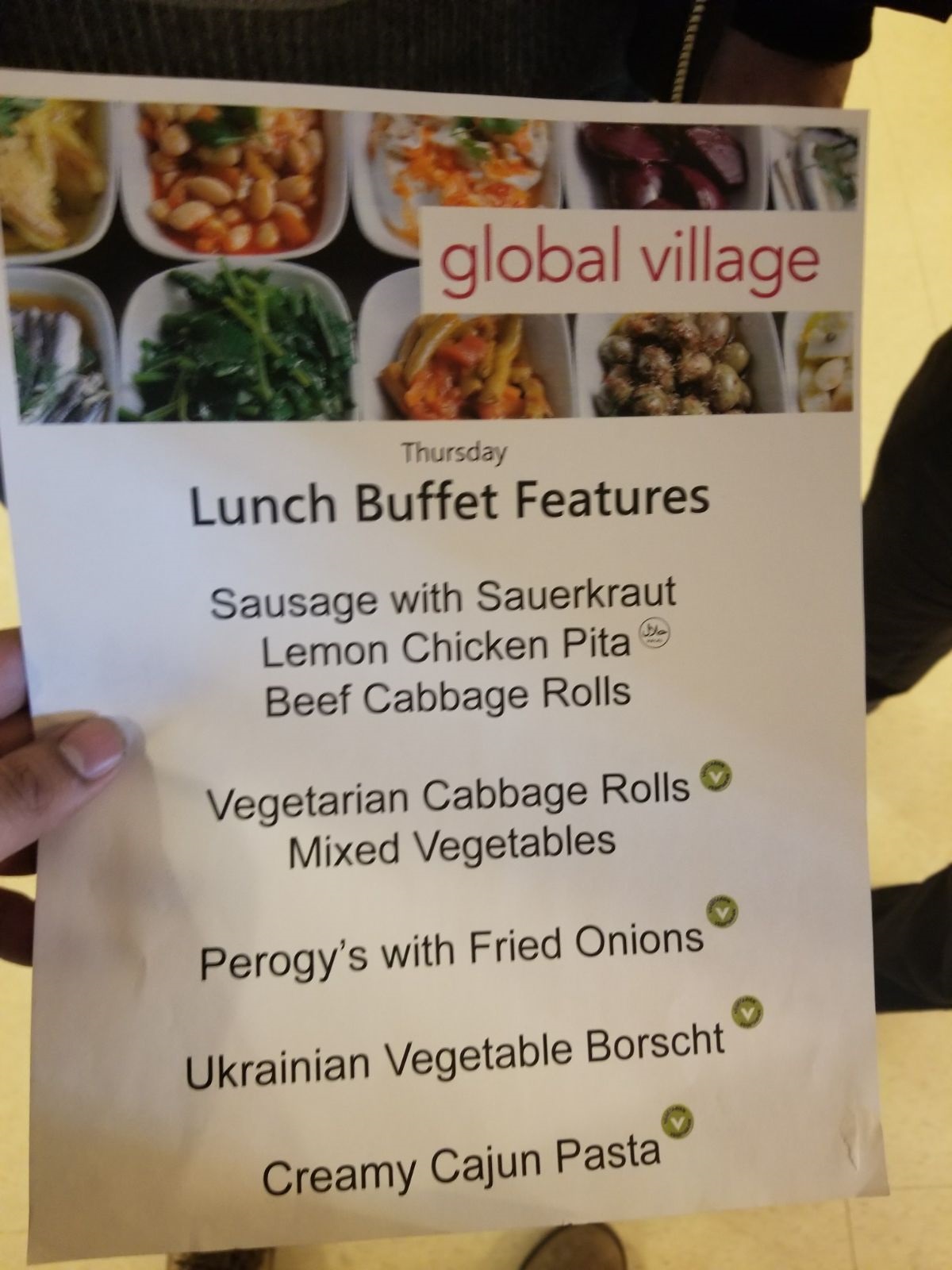 Global Village’s menu on February 15, 2018. The Lemon Chicken Pita was mistakenly labeled halal.