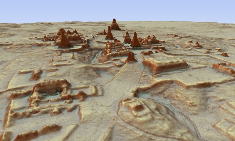 This digital 3D image provided by Guatemala’s Mayan Heritage and Nature Foundation, PACUNAM, shows a depiction of the Mayan archaeological site at Tikal in Guatemala created using LiDAR aerial mapping technology.
