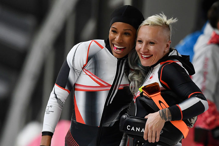 Kaillie Humphries (R) and Phylicia George (L) of Canada in action during the Women’s Bobsleigh final at the Olympic Sliding Centre during the PyeongChang 2018 Olympic Games, South Korea, 21 February 2018.