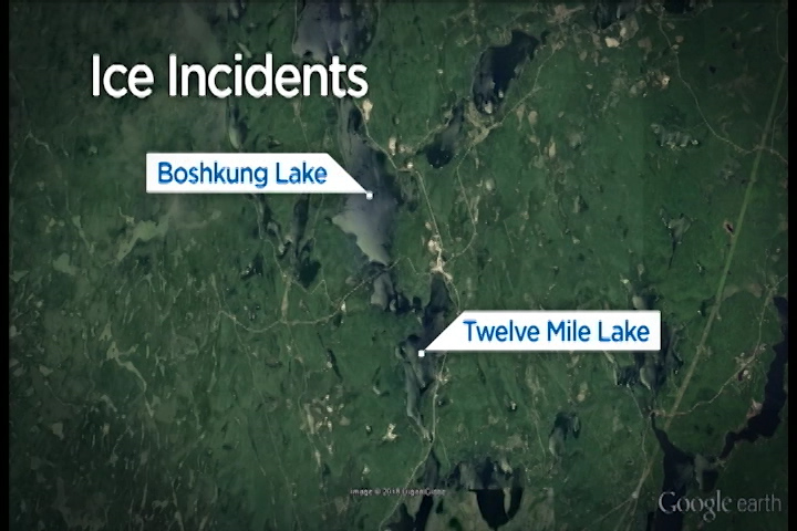 OPP are warning about ice conditions after vehicles carrying eight passengers went through the ice Friday evening in Haliburton County.