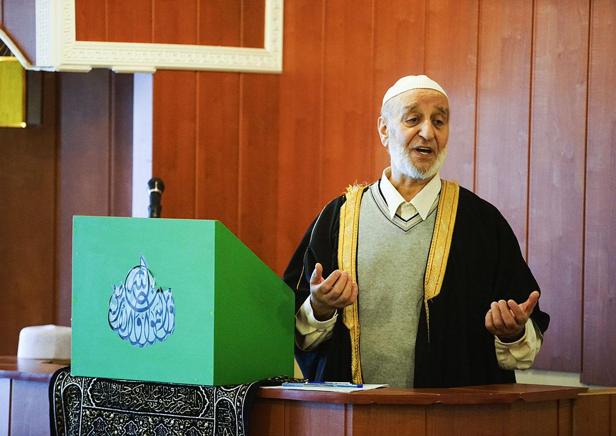 In this Feb. 23, 2018, photo, Imam Salmann Tamimi addresses the congregation at The ReykjavÃ­k Mosque during Friday midday prayers. 
