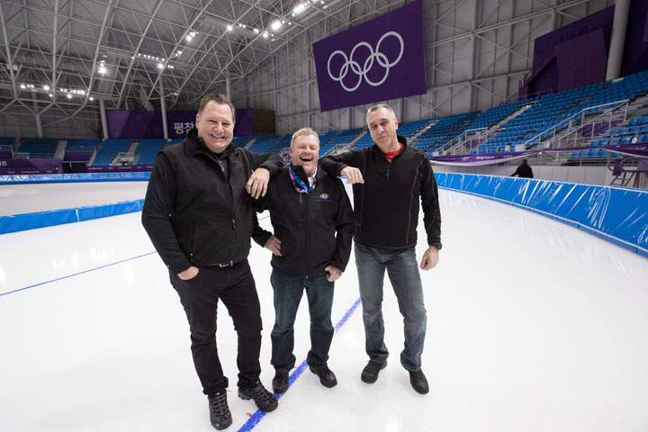 From left to right, Don Moffatt, Hans Wurhrich and Mark Messer stand on the ice at the Gangneung Oval where the Pyeongchang Olympic Speedskating competition will take place, Wednesday, Jan. 31, 2018, in Pyeongchang, Korea.