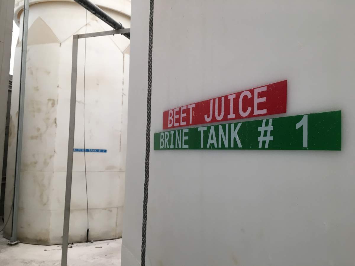 The city makes its own formula of beet juice for the roads -- it's a combination of half water and salt and half beet juice. 