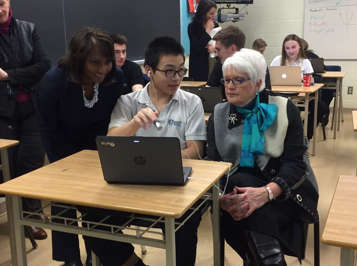 Minister of Education Indira Naidoo-Harris and Guelph MPP Liz Sandals take part in a Grade 11 functions class at Bishop Macdonell Catholic High School in Guelph on Wednesday morning.