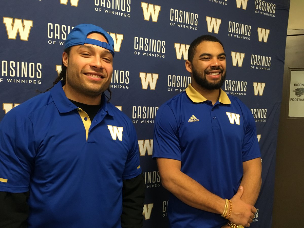 Kienan LaFrance, left, and Nic Demski, right, introduced as Blue Bombers.