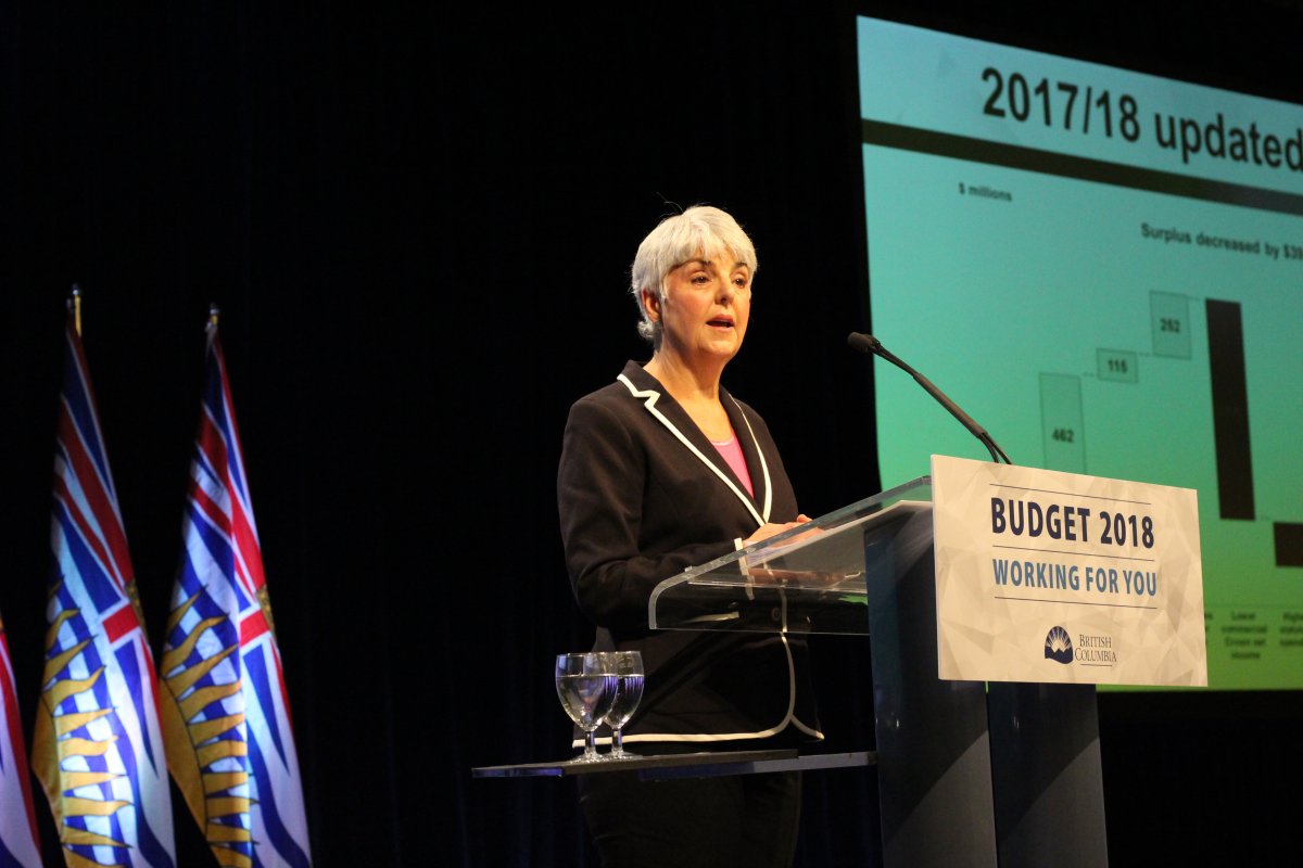 B.C. Finance Minister Carole James speaks to reporters in Victoria about Budget 2018.  