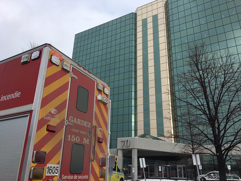 The evacuated building in Gatineau is pictured on Feb. 15, 2018.