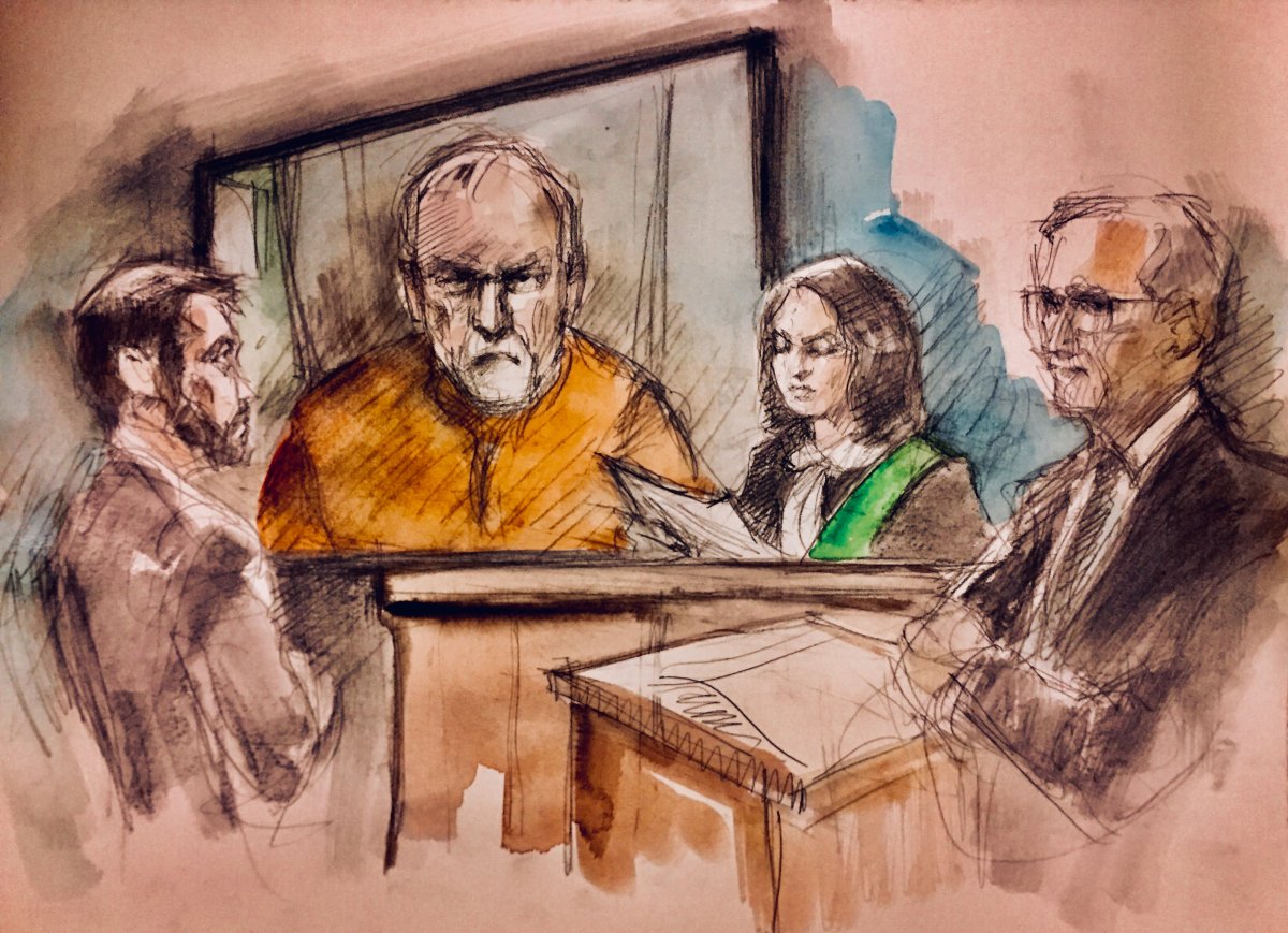 Sketch of alleged serial killer Bruce McArthur as he appears by video in a Toronto courtroom on Feb. 14, 2018.