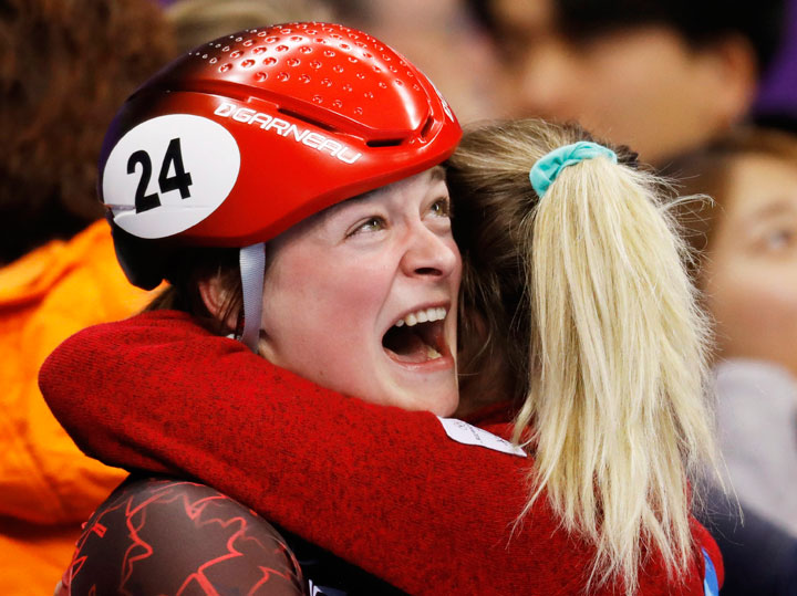 Kim Boutin of Canada reacts after winning the bronze medal in the ladies' 500 meters short track speedskating final in the Gangneung Ice Arena at the 2018 Winter Olympics in Gangneung, South Korea, Tuesday, Feb. 13, 2018. 